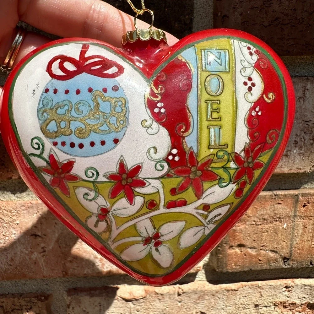 Pier 1 Li Bien Heart Shape Glass Ornament JOY NOEL 2008 Original Red Box